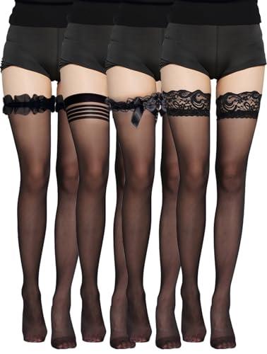 SHEINI 4 Paia Calze Autoreggenti da Donna Coscia Calze per Reggicalze con Fiocco in Raso Calze di Pizzo Sopra Ginocchio Coscia Alta Calzini,Taglia unica