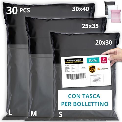 EMBALLAX - 30 Buste per Spedizioni Vinted CON TASCA PER BOLLETTINO - Taglie S/M/L - NON TRANSPARENTI/ULTRA-RESISTENTI - Sacchetti Spedizione in Plastica - Pacchi per Spedizioni Postali - Scatola