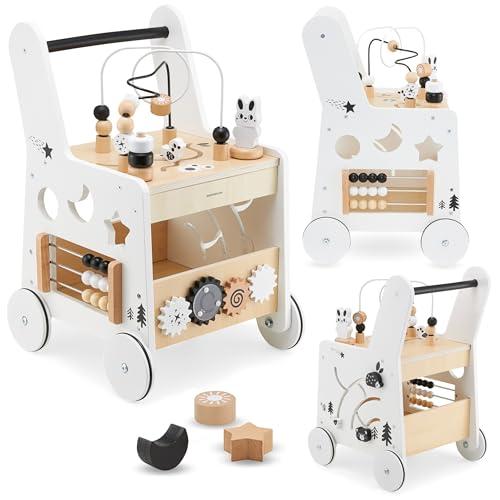 Mamabrum Primi Passi per Bambini 6 in 1 - Spintore in Legno con Tavolo Didattico, Giochi per Bambini con Abaco, Loop Motorio e Selezionatore di Forme - 31x28x49cm