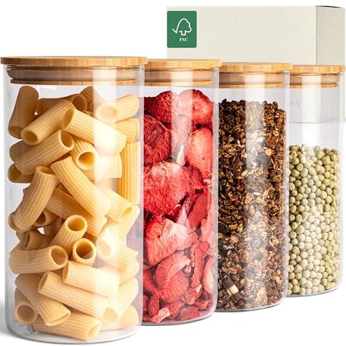 KIVY Barattoli Vetro Ermetici [4x 1200ml] - Barattoli Vetro di Qualità - Barattolo Cucina in Bambù - Porta Spaghetti - Contenitori - Contenitore Pasta