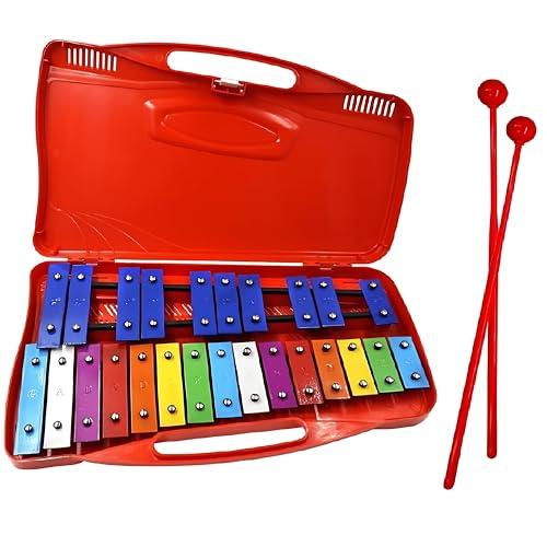 Glockenspiel Professional Diatonico a 25 Tasti Metallofono, Per Uno Strumento Musicale, Aggiornamento Xilofono, Con Due Martelli (Rosso)