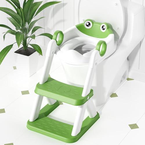 COOSEYA Riduttore Wc Bambini A Forma Di Rana,2 In 1 Vasino Con Scaletta Per Bambini Wc,Tappetino Impermeabile E Sgabello Antiscivolo,Verde