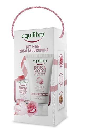 equilibra, Kit Mani Rosa Ialuronica, Kit Regalo con Crema Mani, Levigante e Protettiva, 75ml e Sapone 100% Vegetale, con Estratto di Rosa Damascena, Acido Ialuronico
