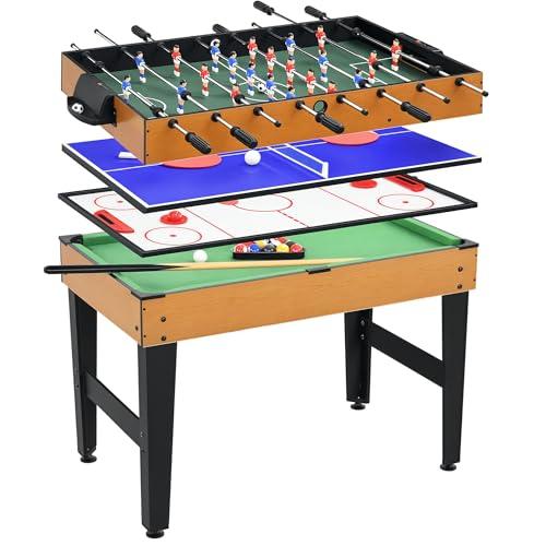 HOMCOM 4 in 1 Tavolo da Gioco Multifunzionale con Biliardo, Ping Pong, Calcio Balilla e Hockey da Tavolo, Tavolo Multigioco con Accessori, in MDF e Acciaio, 107x61x84.5cm