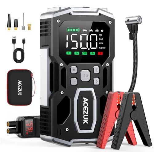 ACEZUK Avviatore Batteria Auto,7000A & 150PSI Avviatore di Emergenza per Auto con Compressore Aria Portatile (All Gas or 10.0L Diesel) 12V Jump Start,2 Luci/ 3.4