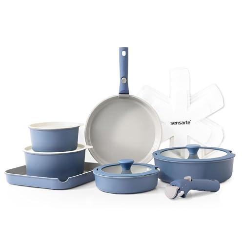 SENSARTE Set di Pentole 17 Pezzi con Manici Rimovibili, Antiaderente in Ceramica, Compatibile con Induzione e Gas, Include Padelle, Casseruole e Grill, Impilabile e Lavabile in Lavastoviglie