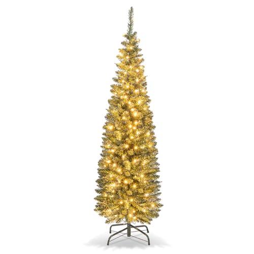 COSTWAY Albero di Natale Slim da 150/180/210 CM, Albero di Natale Artificiale con 296/390/499 Punte di Ramo, 150/180/200 Luci LED Bianche Calde, Supporto Pieghevole in Metallo (150 cm)