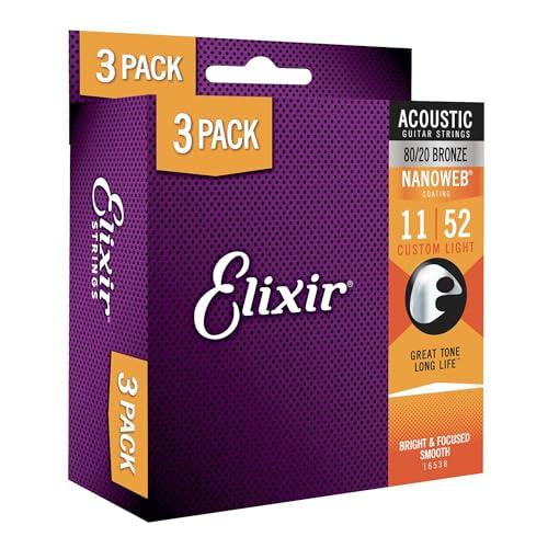 Elixir Strings - Corde per chitarra acustica Elixir Strings, 80/20 Bronze con rivestimento NANOWEB, tono brillante che dura nel tempo e tocco confortevole confezione da 3, Custom Light 11-52
