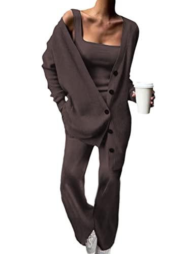 Minetom Tuta da Ginnastica Donna Tute Pullover Canotta Cardigan Pantaloni Set Maglia Completo Sportswear 3 Pezzi caffè L