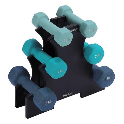 Cecotec Set di 6 manubri esagonali Sweatproof da 1, 2 e 3 kg DrumFit Dumbbell 123 Neoprene Set Rivestimento in neoprene ad alta aderenza, tutti i tipi di utenti, supporto incluso