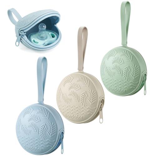 PandaEar Custodia Portaciuccio in Silicone, Pacco da 3, Pratica Tasca Portaciuccio da Viaggio per Neonati, Contenitore in Silicone Senza BPA per Bambini e Bambine (Verde, Blu, Crema)