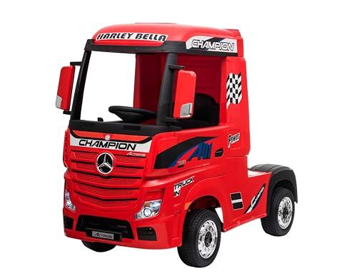 MONDIALTOYS Camion Elettrico per Bambini Mercedes Actros Truck 12V con Sedile in Pelle Telecomando Porte Apribili Ruote in Gomma Full Optional (Senza rimorchio, Rosso)