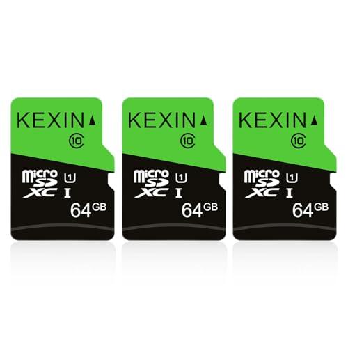 KEXIN Micro SD 64 GB, Schede Micro SD 64GB Set da 3 Scheda di Memoria, Scheda SD 64GB MicroSDXC, C10, U1, A1 Micro SD Card per Telefono Android, Switch, Gopro, Telecamera, Drone