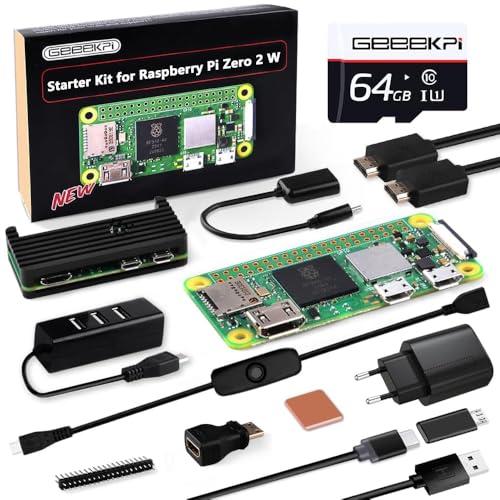 GeeekPi Raspberry Pi Zero 2 W Starter Kit with RPi Zero 2 W Aluminum Case,64GB SD Card Preloaded OS, QC3.0 Power Supply,20 Pin Header,Micro USB to OTG Adapter,HDMI Cable,Heatsink,ON/OFF Switch Cable