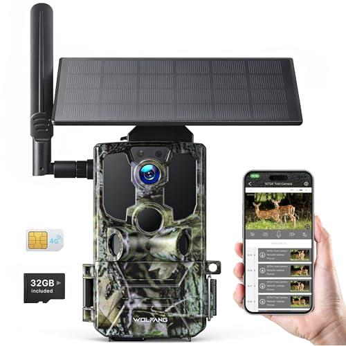 WOLFANG Fototrappola, 4G LTE Fototrappola Solare 2.5K con Scheda SIM Preinstallato e SD, Fotocamera con Allarme, Visione Notturna, Angolo 120° 82ft, Tempo di Scatto 0,2s, IP66 Impermeabile