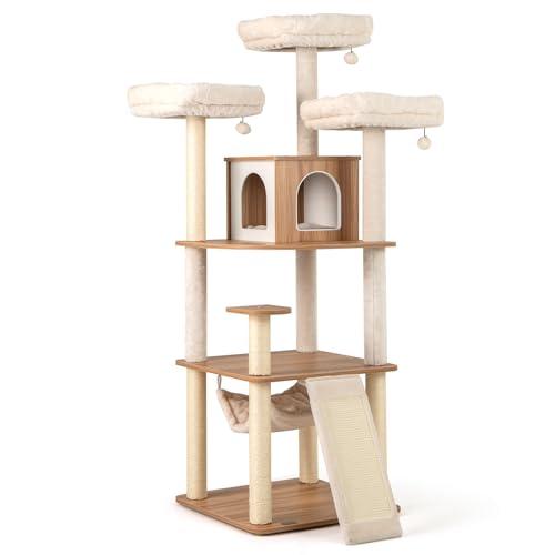 COSTWAY Tiragraffi per Gatti 168 cm, Albero per Animali Domestici con 3 Piattaforme, Condo, Tiragraffi in Sisal, Scala e Palline Appesse, Mobile da Arrampicata con Multi Livelli
