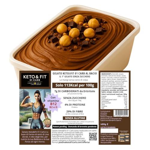 KETO & FIT 01 CARB Gelato Keto, Gelato senza Zucchero Dolcificato con Eritritolo, Gelato senza Lattosio, Vegan e Senza Glutine, al Bacio Pronto da Gustare in Vaschetta Termica da 400g