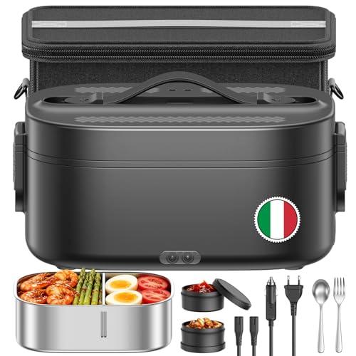 Scaldavivande Elettrico, 1.5 L 3 In 1 Scalda Vivande Portatile Elettrico, 80 W Porta Pranzo Termico con Borsa Termica, 12 V/24 V/220 V Lunch Box Termico per Auto Camion e Ufficio, Nero