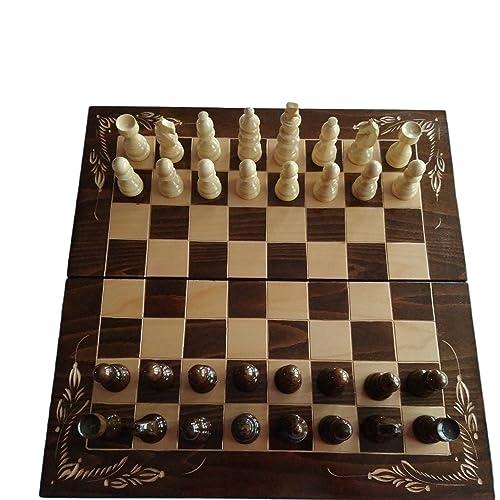 Set di scacchi in legno 50x50 cm marrone scatola di scacchiera in legno di faggio scolpito a mano, pezzo di scacchi in legno di nocciola fatto a mano, backgammon, dama (Marrone)