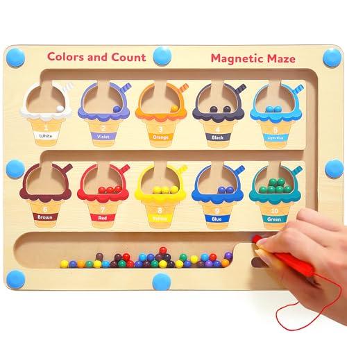 Nawchedo Labirinto Magnetico dei Colori e dei Numeri - Puzzle montessoriano di Legno per l'apprendimento del conteggio - Giocattoli per Bambini e Bambine di 3, 4 e 5 Anni, con abilità motorie Fini