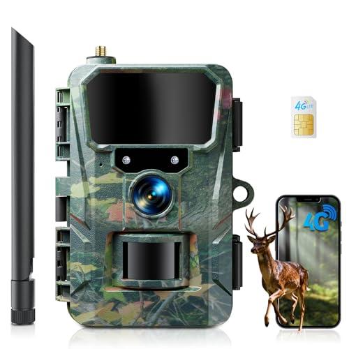 WOLFANG Fototrappola 4G con SIM, 2K 48MP HD Fotocamera Caccia con Infrarossi Rilevatore di Movimento Visione Notturna IP66 Impermeabile per la l'osservazione la Fauna