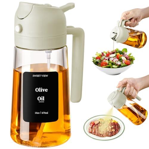 SWEET VIEW 2 in 1 Spruzzatore Olio e Dosatore Olio, 470ml Spruzzino Olio Per Friggitrice Aria, Bottiglia di olio d'oliva in vetro per cucina, insalata e barbecue (Bianco)