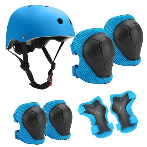 HTRTRR Set di protezione per bambini con casco regolabile, ginocchiere, gomitiere e poggiapolsi per pattinaggio, bicicletta, pattinaggio, scooter e altri sport all'aria aperta (blu)