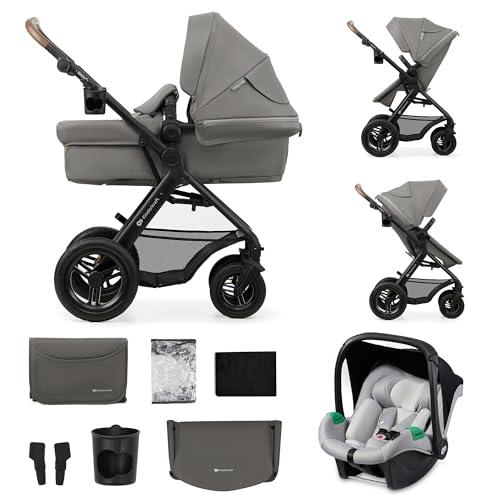 Kinderkraft MOOV 2 AIR Passeggino Trio 3 in 1, navicella e passeggino 2 in 1, seggiolino auto i-Size, travel system, ruote gonfiabili ammortizzate, da nascita a 22 kg, Grigio Claro
