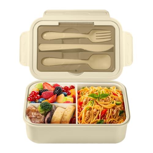 Diboniur Porta Pranzo, Lunch Box con Posate, 1400ml Bambino Adulto Bento Box con 3 Scomparti, Schiscetta Contenitore Pranzo per Microonde Lavoro Picnic Ufficio (Khaki)