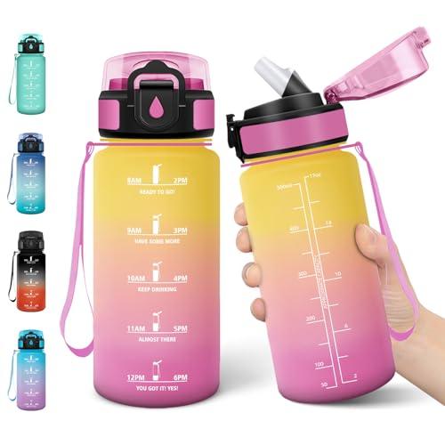 Motswedi Borraccia Bambini, 500ml a Prova di Perdite, Borraccia con Cannuccia, senza BPA, Borracce, Con 2 Tappi, Bottiglia Acqua, Borracce Bambini, Per Scuola, Ufficio, Sport, Giallo Rosa