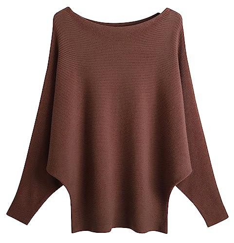 FULIER - Maglione Dolman da Donna, con Maniche a Pipistrello e Scollo a Barchetta, Lavorato a Maglia, vestibilità Ampia, Taglia Unica, Caff, Taglia Unica