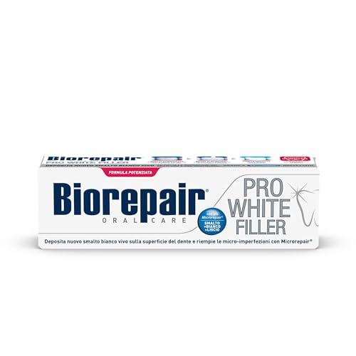 Biorepair, Dentifricio PROWHITE FILLER, Smalto Più Bianco e Liscio, Riempe le Micro-Imperfezioni Con Più MicroRepair, Formula Potenziata, Tecnologia Sbiancante PVP, Senza Fluoro e Parabeni, 75ml