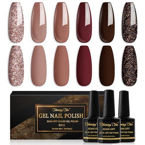 Shining She Smalti Semipermanenti per Unghie Gel UV/LED, 6 Colori Autunno Inverno Rosso Scuro Marrone Glitter Smalto Semipermanente Unghie per Principiante Nail Art,8ML