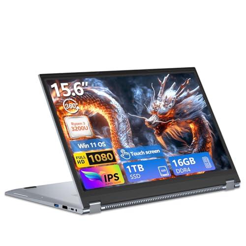PC Portatile 2 in 1, Notebook R3 3200U CPU, Win 11 PC Portatile 16 GB RAM 1TB SSD, 15,6 Pollici Notebook 1080P Touchscreen Flip 360°, Radeon Graphics GPU, Laptop con RJ45+USB 3.0+Mini-HDMI+Webcam