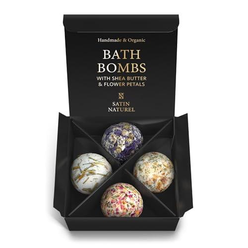 Satin Naturel Bombe da Bagno Donna 4x con Burro di Karité Bio & Oli Essenziali – Idee Regalo Lusso Compleanno, Relax Spa e Benessere a Casa