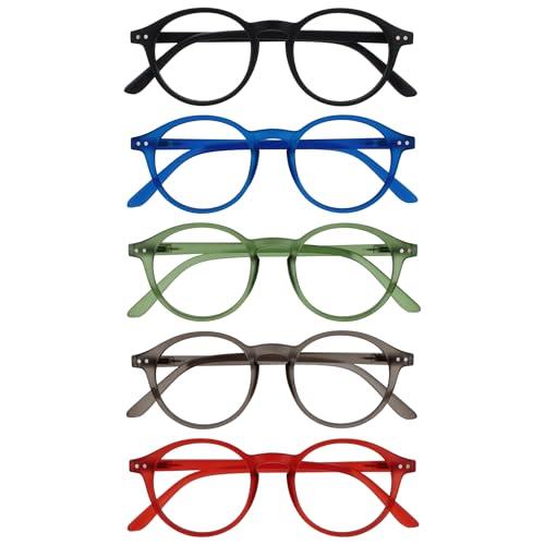 OPULIZE REY Occhiali da Lettura - Pacco da 5 - Montatura Rotonda Retro - Nero, Blu, Verde, Grigio, Rosso - Uomo Donna - Cerniere a Molla - RRRRR56-1367Z - +1.50