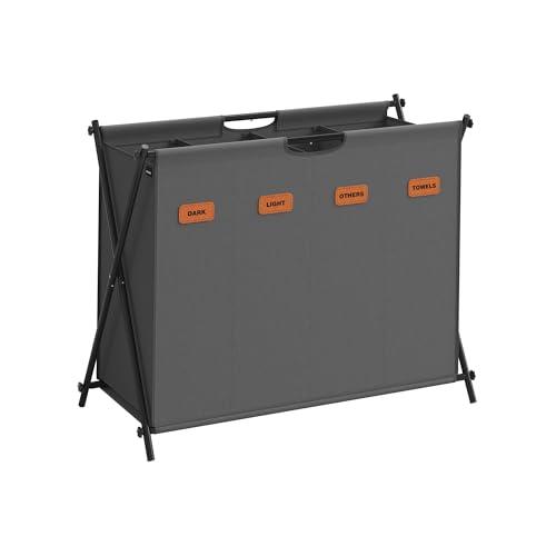 SONGMICS Cesto Portabiancheria, Porta Biancheria Sporca da 155 L, 4 Scomparti, Struttura Pieghevole a X, con Etichette, per Lavanderia Bagno Camera da Letto, Grigio Ardesia LCB140G01