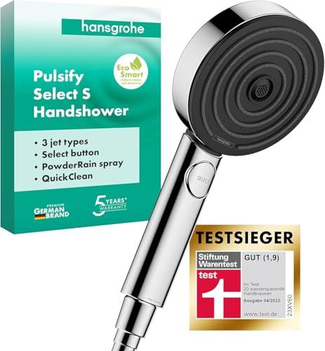 hansgrohe Pulsify Select S - Doccetta per doccia a risparmio idrico 9 l/min (EcoSmart), Doccino con 3 getti (incl. PowerRain), Soffione doccia rotondo (⌀ 105 mm), funzione anticalcare, cromo, 24111000