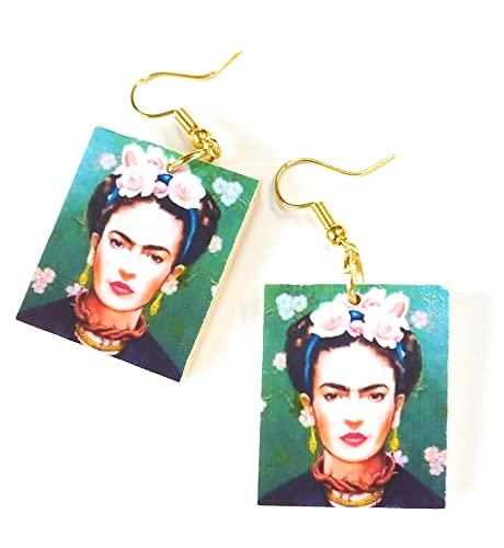Orecchini Decoupage Realizzati a mano ispirati a Frida - Idea Regalo per Donna e Ragazza - Fiori Bianchi Verde Scuro