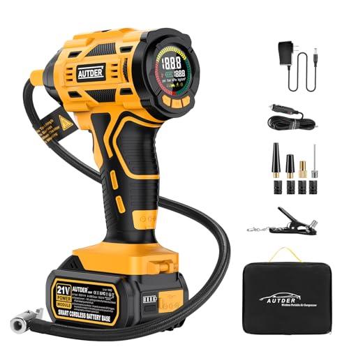 AUTDER Compressore d'Aria Portatile, Gonfiatore Senza Fili 180 PSI con Due Fonti di Alimentazione, Batteria 21V / 12V DC, Manometro Digitale, Spegnimento Automatico, Perfetto per Viaggi (Giallo Nero)