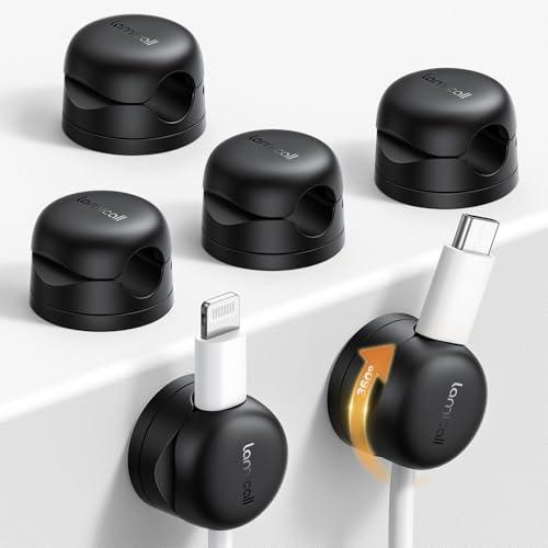 Lamicall [6 Pezzi] Clip per Cavo a Molla - [360° Rotazione Migliorata] Fermacavo Autoadesivo Senza Residui, Gestione Cavo per HDMI, USB, PC, TV, Casa, Cucina, Ufficio (8mm) - Nero