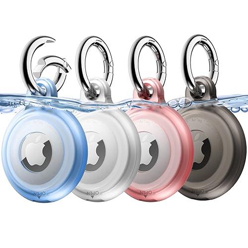 JETech Custodia Impermeabile da 4 Pacco per AirTag con Portachiavi, Corpo Pieno Antigraffio Air Tag Porta Portachiavi Cover per Bambini, Animale Domestico, Borse (Nero/Trasparente/Rosa/Blu)