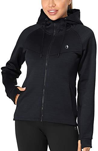 icyzone Giacca Sportiva Donna con Cappuccio,Felpa Termica con Zip e Fori per i Pollici (L,Dark Navy)