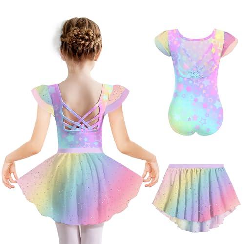 Arshiner Ragazze Balletto Abbigliamento Arcobaleno Vestito Due Pezzi Bambini Cotone Danza Senza Schienale Balletto Body Danza Bambino Ballerina Vestito con tutù 4-5 Anni