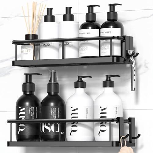 YASONIC Mensole Doccia Mensole Bagno, 2 Pezzi Portaoggetti doccia con 4 ganci Removibili, Impermeabile e antiruggine Mensola Bagno senza Foratura, Organizer Doccia Mensola Bagno Adesiva - Nero