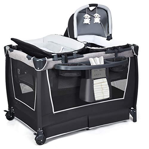 COSTWAY 4 in 1 Lettino Neonato da Viaggio Pieghevole con Materasso, Culla da Campeggio con Fasciatoio e Giocattolo, per Bambini 0-36 Mesi fino a 15 kg (Grigio Scuro)