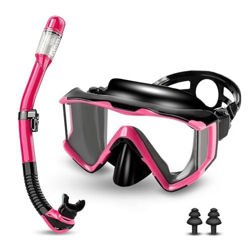 Set per Snorkeling Adulti con Maschera e Boccaglio,Occhialini da Sub panoramici a 180°,Maschera da Snorkeling Antiappannamento e Anti-Perdite,Set da Snorkeling per Snorkeling e Immersioni (Noir/Rose)
