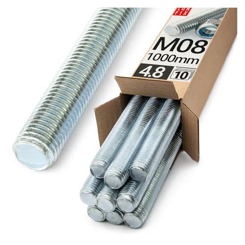 Barra Filettata M8x1000 mm, 10 pezzi, Asta Filettata Acciaio 4.8 DIN 976, Barre Filettate Metrica, Perni Filettati, Filetto Asta Metrica, Bulloni Filettati per Montaggio Industriale, Lun Fix