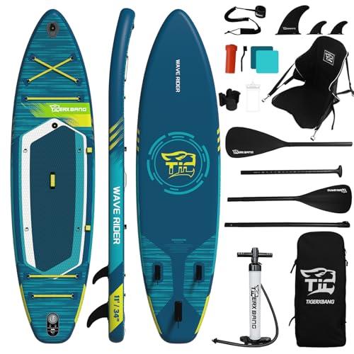 TIGERXBANG Tavola SUP Gonfiabile - 335x86x15cm Tavola da SUP Gonfiabile con Sedile per Adulti 200kg, PVC Doppio Strato Drop-Stitch, Con supporto per cam, Portabicchieri, Doppia Pagaia