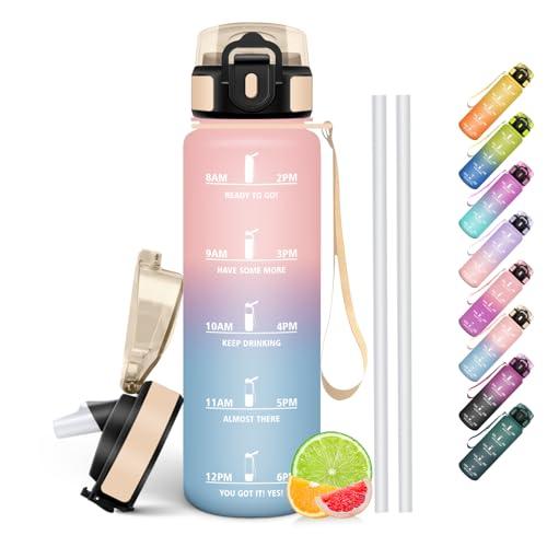 HoneyHolly Borraccia 1 Litro, Libre de BPA & A Prova di Perdita, Borracce con Cannuccia, Reutilizables, Borraccia Motivazionale, Water Bottle Palestra per Scuola, Palestra, Ufficio, Sport